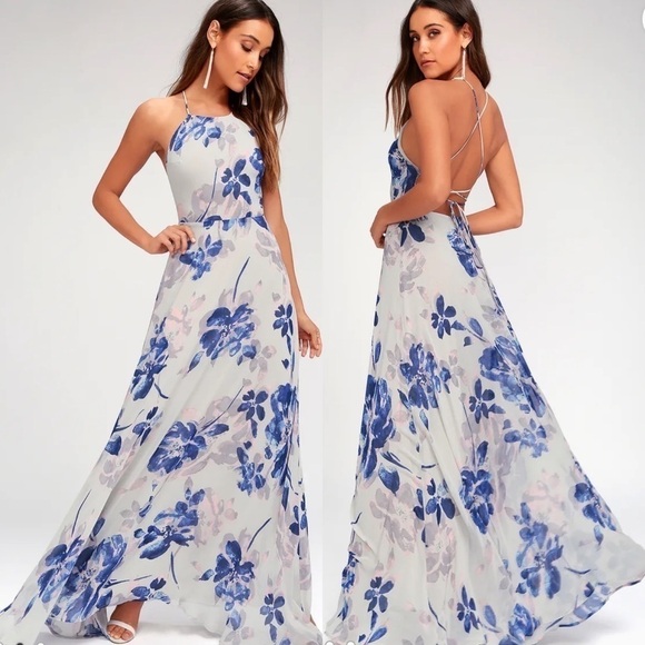 Lulus Dresses & Skirts - NWT Lulus All I‎ Need Floral Print Lace-Up Maxi Dress in Grey Size Extra Small